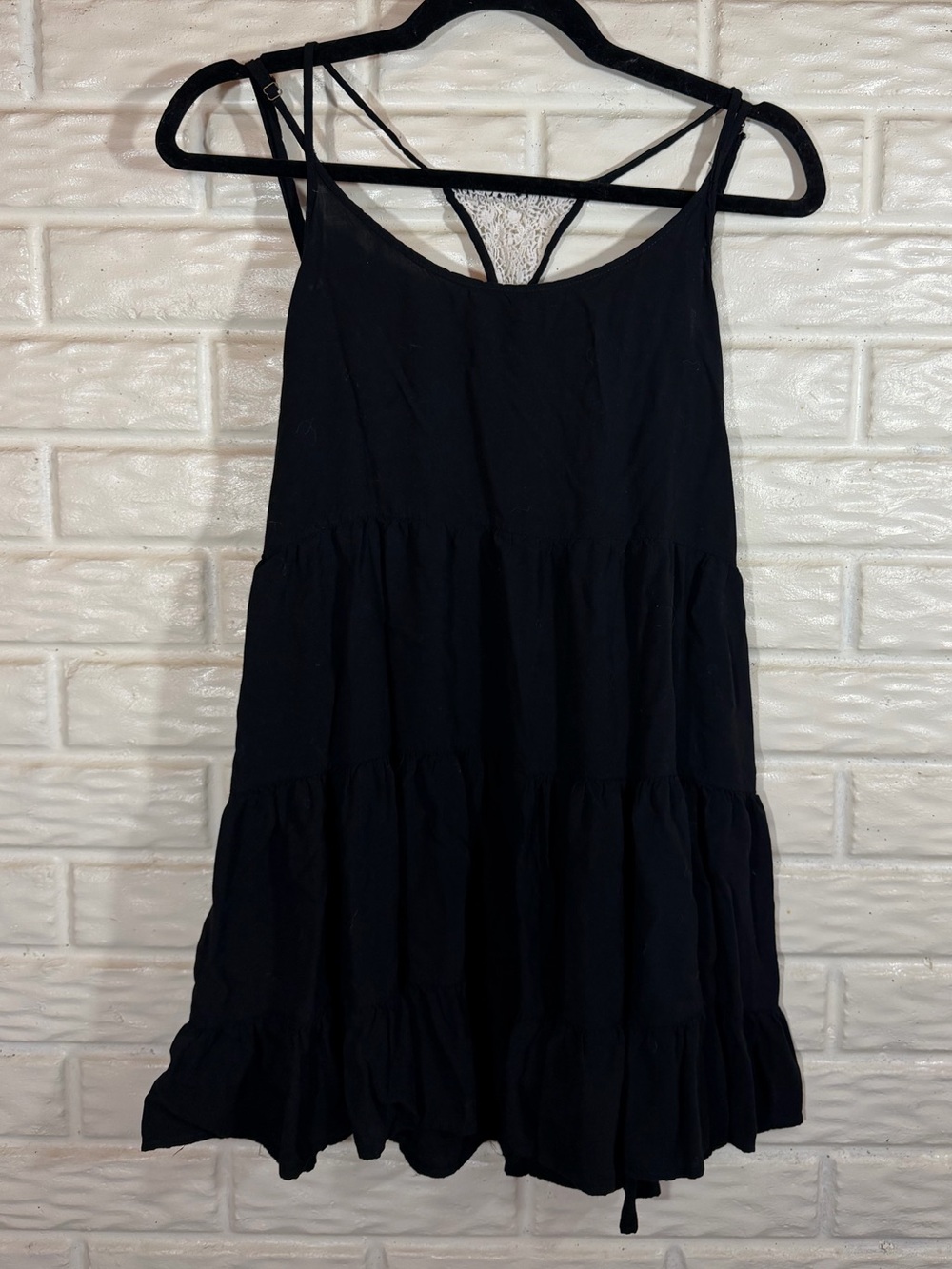 Vintage Havana Black Tiered Mini Dress Lace T-Back Strappy Boho M